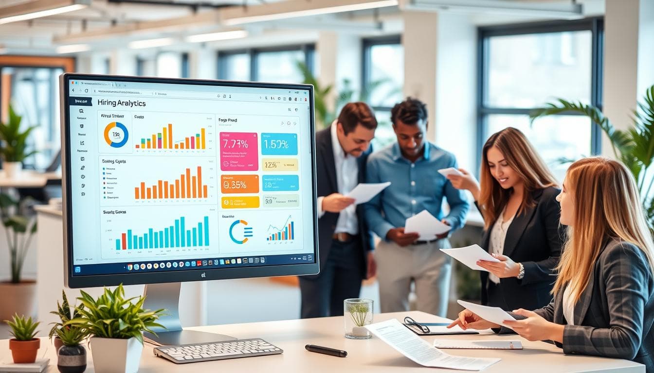 A sleek, modern computer screen displaying a user-friendly interface of hiring software, with colorful graphs and charts representing recruitment analytics. Surrounding the computer, a diverse group of professionals engaged in discussion, with resumes and digital devices in hand. The background features a bright, open office space with plants and natural light, symbolizing a positive work environment.